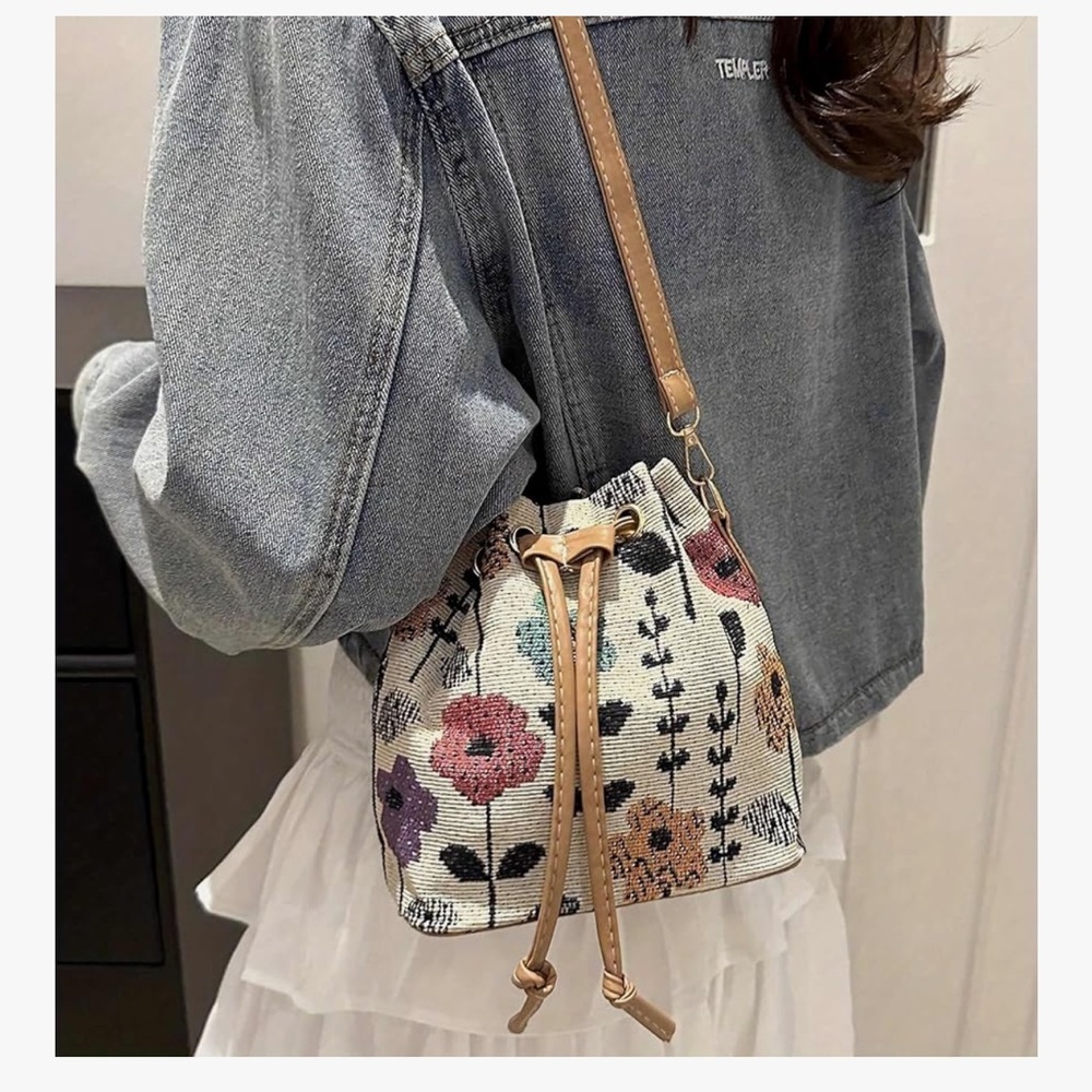 🆕 Floral Woven Drawstring Bucket Bag - Beige/Tan - Picture 6 of 7